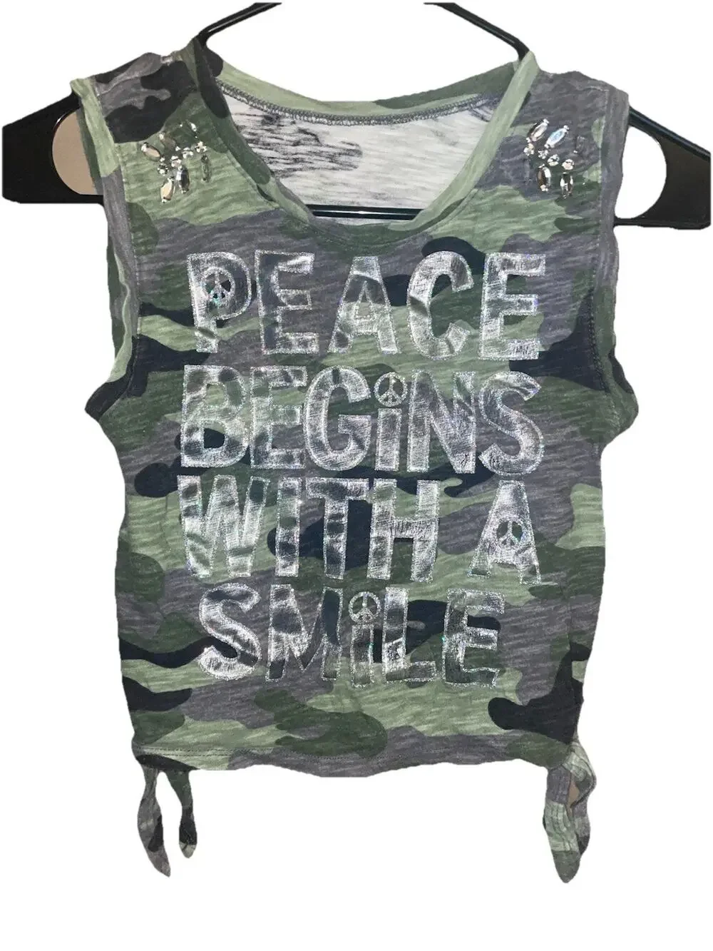 Little Girls Justice Camo Tank Top Sz 8 “Peace Begins With A Smile” Diamonds